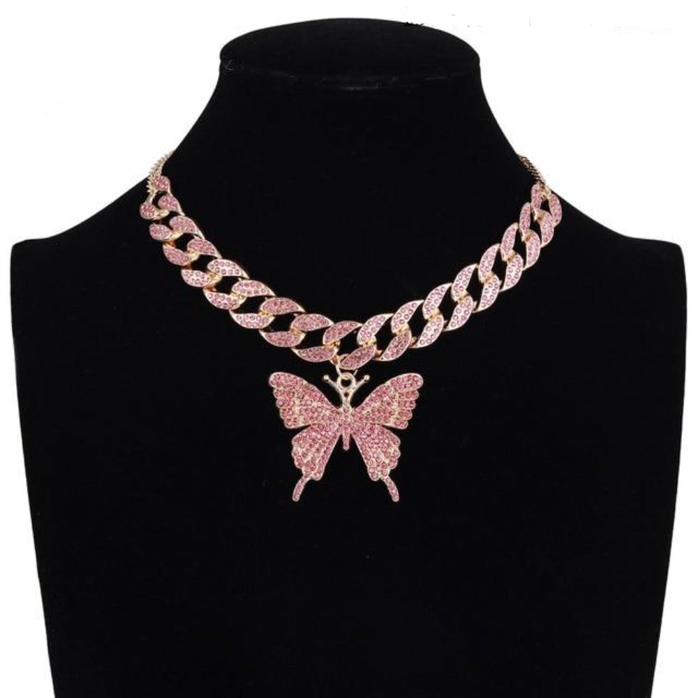 Double Iced Butterfly Pendant Necklace Cuban Chain (9 Colors) Cubic Zirconia