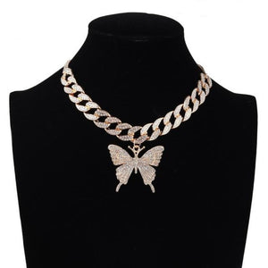 Double Iced Butterfly Pendant Necklace Cuban Chain (9 Colors) Cubic Zirconia