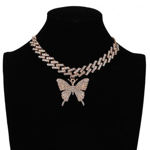 Double Iced Butterfly Pendant Necklace Cuban Chain (9 Colors) Cubic Zirconia