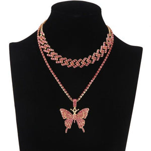 Double Iced Butterfly Pendant Necklace Cuban Chain (9 Colors) Cubic Zirconia